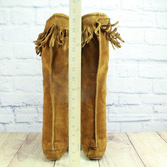 Minnetonka Brown Suede Knee High Lace Up Moccasins Festival Fringe Size 6 - Picture 6 of 8